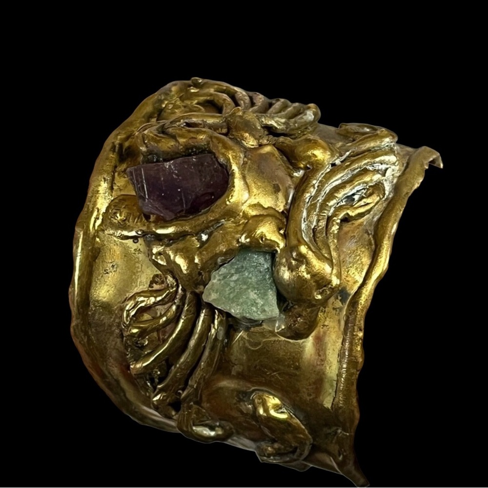 Vintage Copa Brutalist Green Amazonite & Purple Amethyst Gemstones Cuff